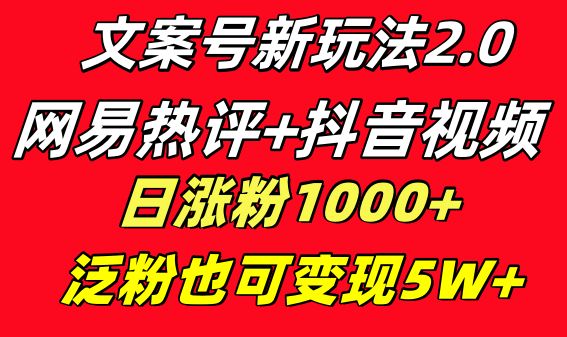 文案号新玩法 网易热评+抖音文案 一天涨粉1000+ 多种变现模式 泛粉也可变现云创资源网-云创-资源网云创资源